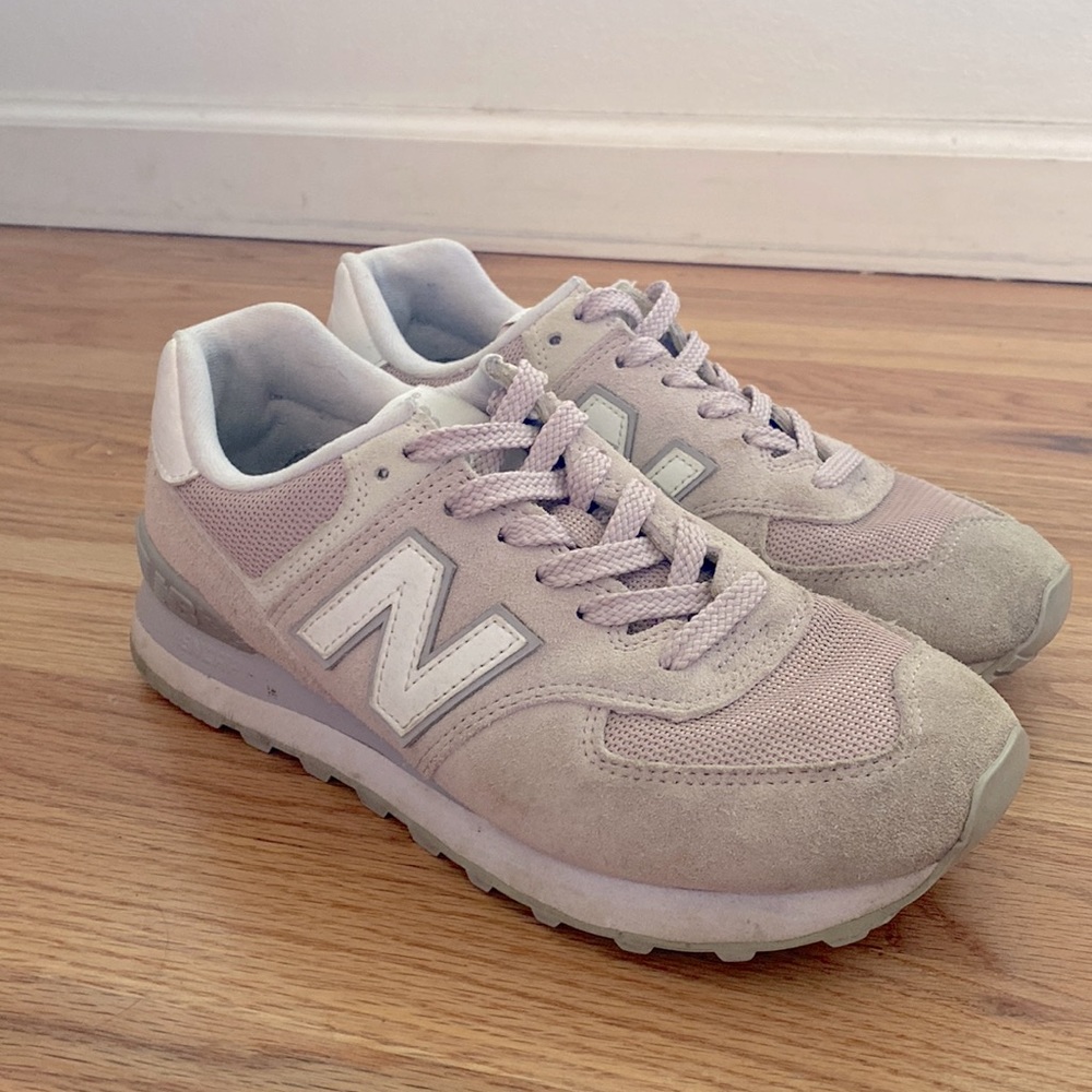 New Balance Womens 574, size 7.5, Suede, Pink. Smudges on suede but like new.